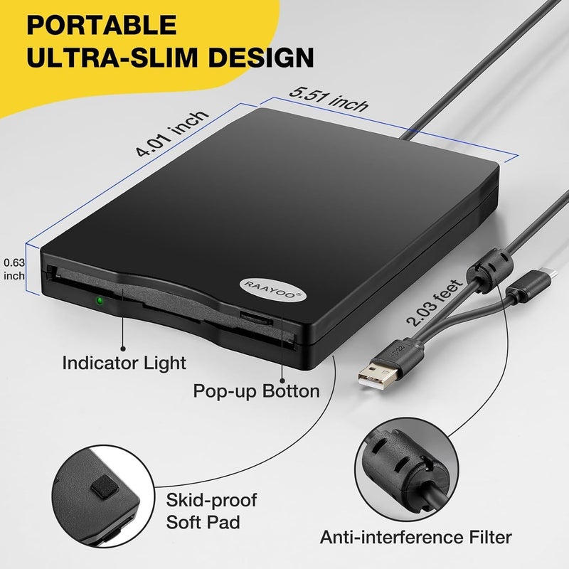 RAAYOO Floppy Disk Reader 3.5 inch USB Floppy Disk Drive External 3 1/2 Floppy disc Reader Portable Floppy Diskette Drive USB C for PC Laptop Notebook Computer with Windows 11/10 (Frosted Texture, 3.5 inch) - Image 4